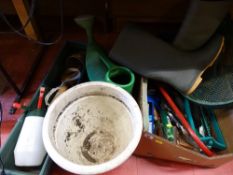 Parcel of gardening equipment, planters, watering can, wellies etc