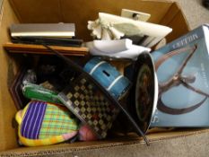 Box of household items including photo frames, books, porcelain, diecast vehicles etc