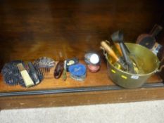 Brass jam pan and a mixture of collectables including dressing table items, fans etc