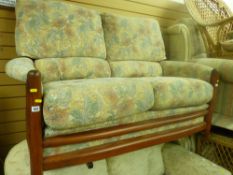 Parker Knoll style two seater settee and a single armchair with wooden frame and floral upholstery