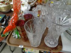 Tray of mixed glassware including cut glass vases, ruby glass tumblers, large glass bird etc