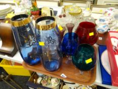 Tray of crystal glasses together with coloured glass vases