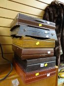 Six assorted empty wooden cutlery canteens