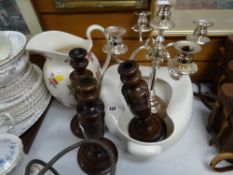 Vintage Staffordshire jug, slipper bed pan, wooden candlesticks etc