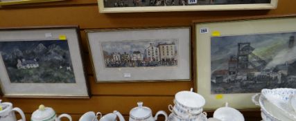 A watercolour of a colliery signed by DAVID HUGHES together with a harbour scene & a Welsh
