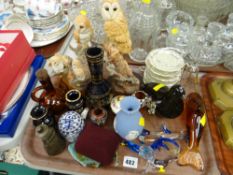 A tray of small ornaments, some pottery, glass, resin figurines of owls