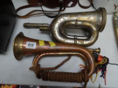 A copper & brass military bugle together with a vintage bus horn