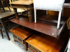 Parcel of furniture to include three hardwood square coffee tables, computer desk