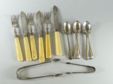 A parcel of silver items including two pairs of sugar nips, teaspoons, fish knives & forks