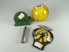 A paperweight together with a vintage AA car badge, National Trust car badge & a tyre pressure