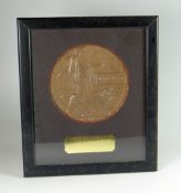 WWI PERIOD DEATH PENNY OR PLAQUE awarded to Private Wilfred Monery, framed & glazed with information
