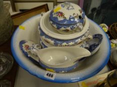 A large wash stand bowl together with Booth's pottery tureens & blue & white dinnerware