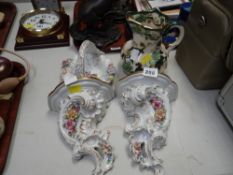 Pair of decorative continental wall brackets, similar handled dish & a Masons Ironstone Chartreuse