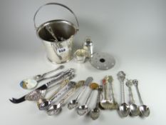 A small decorative silver plated bucket containing small silver plated items including spoons,