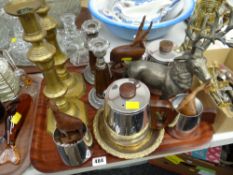 A tray of metalware including a Sona four-piece teapot set, pair of brass candlesticks & a model
