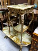 A gilt metal & onyx top two-tier table together with a similar coffee table