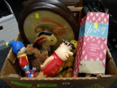 A box of various children's soft toys & rubber toys together with a selection of prints