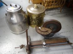 A small steel milk churn with a brass coal bin & several metal tools etc