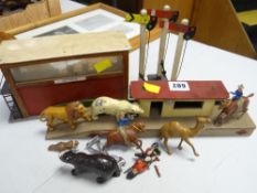 Small collection of vintage lead animals, vintage toy railway platform & signal box