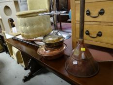 Two bed warming pans together with a copper 'Swiftsure' washing dolly / vacuum washer