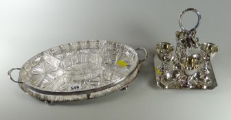 A silver plated entree dish together with a silver plated egg cup stand & spoon set