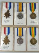 WWI PERIOD MEDALS comprising two trios including 1914-15 Stars, British War medals & Victory