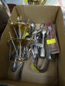 Small parcel of EPNS, mainly spoons & a decorative mini sword stand in brass