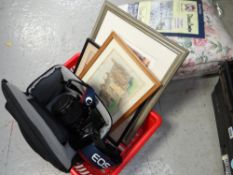 A floral duvet cover together with several prints & a camera case etc