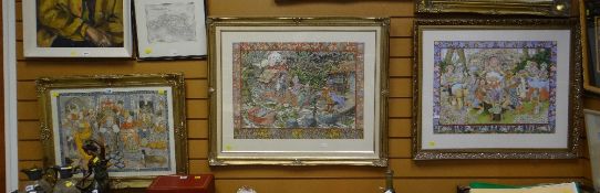 A watercolour by MARY TOZER 1978 of a medieval-style scene together with two similar large examples
