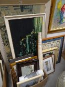 Large print of a continental street scene together with a box of prints & watercolour of Cardiff