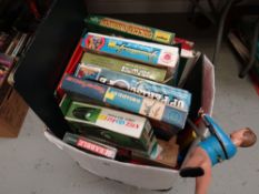 A box of children's toys & boxed board games including Scrabble, Super Soccer, Golf Winks etc