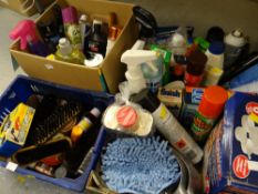 Three boxes containing a wide range of household domestic cleaning products & a quantity of shoe