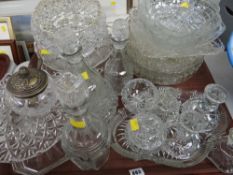 A large tray of cut glass & pressed glass including decanters, bowls & dressing table set