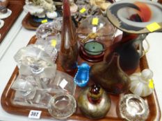 Tray of various glass ornaments including Isle of White glass scent bottles