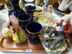 Continental wall plates, blue & gilt decorated china, small Aynsley 'Orchard Gold' vase