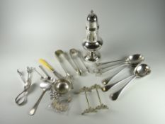Collection of silver plated items including a sugar sifter, various spoons, sugar nips, tea strainer