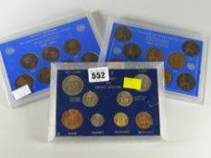 Three sets of pre-decimal British coinage, pennies etc in plastic cases
