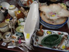 Tray of pottery Torquay ware, general ornaments & some cutlery