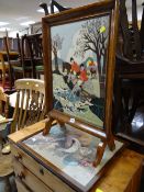 A vintage oak firescreen with a felt collage hunting scene & a framed cross stitch of a female