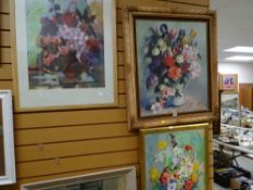 Two large oils on canvas of flowers in vases together with a large similar print