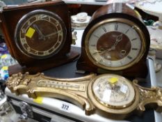 Vintage Smith's dome top mantel clock together with another mantel clock & gilt coloured barometer