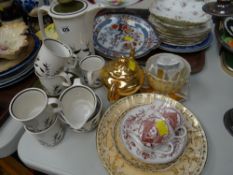 A Crown Devon part coffee set, lustre ware teapot, moustache cup & commemorative china