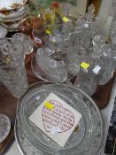Tray of various mainly pressed glass items including bowls, decanters, drinking glasses etc