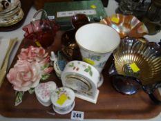 Tray of mixed china & glass ornaments including Wedgwood clock, Carnival glass etc