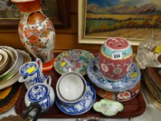 A tray of Oriental decorated china including teaware, Satsuma decorated vase etc, Canton plate