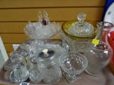 A tray of mainly pressed glass, condiment sets, bowls, part dressing table set etc