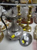 Pair of brass candlesticks, white metal coffee pot etc
