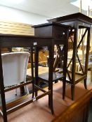 A modern polished wood lamp table by Grange together with two other side tables