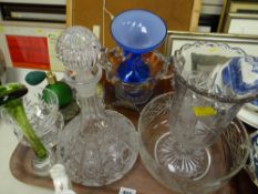 Tray of cut glass including decanter, coloured glass vases etc