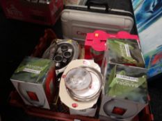 A crate of vases, drinking glasses & a Canon vision system